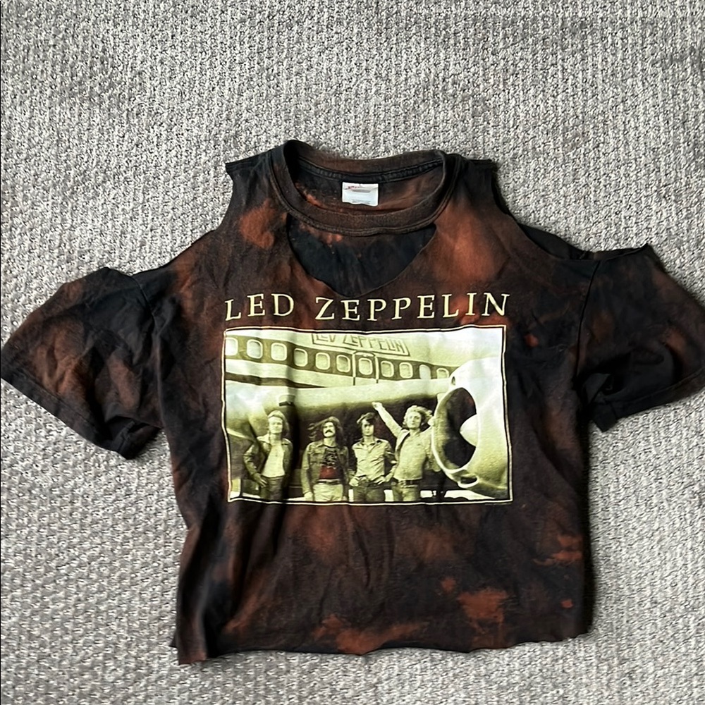 Led Zeppelin Acid Wash Black and Brown Cutout Cropped Graphic Tee